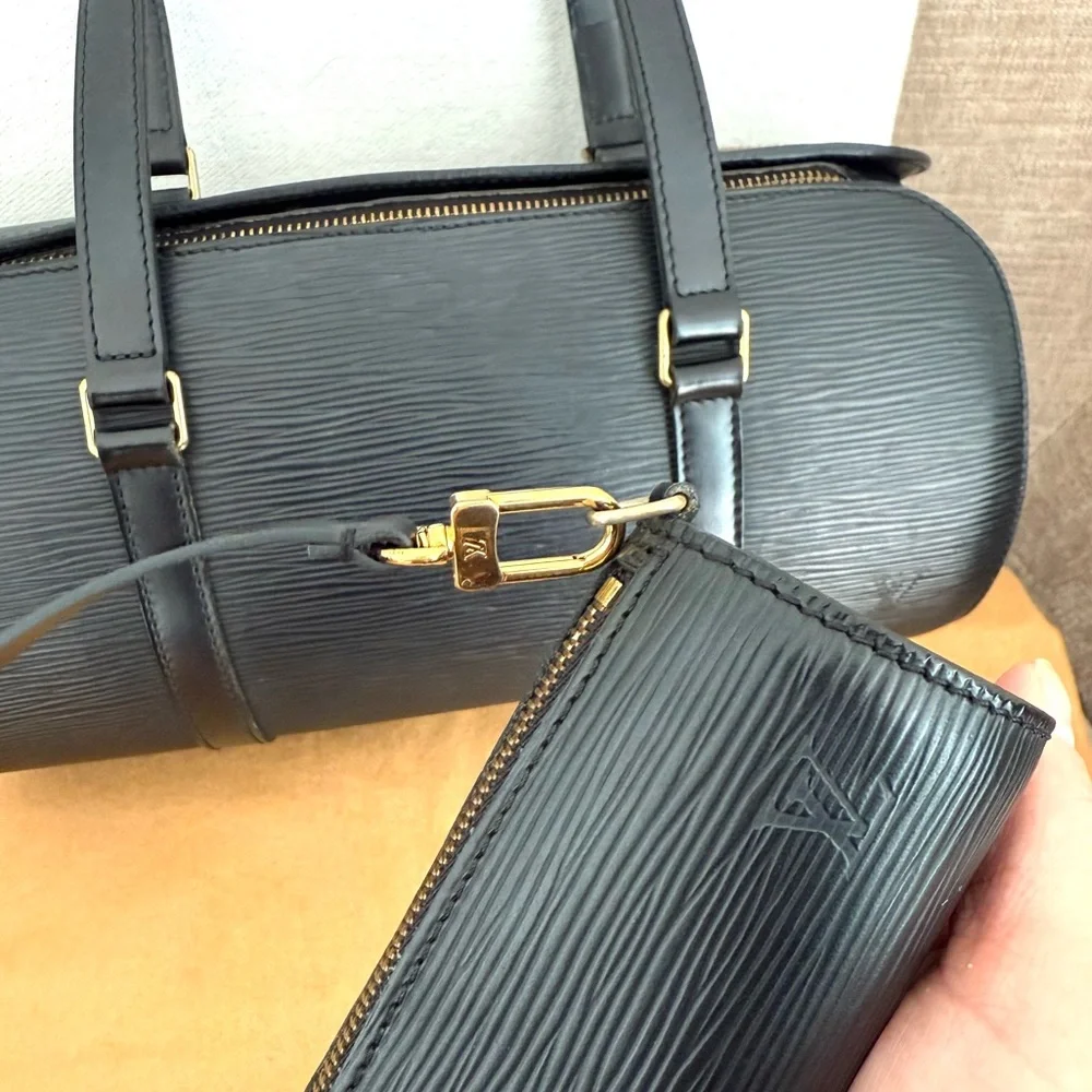 Authentic Louis Vuitton Soufflot bag Black Epi Leather with mini pouch M52862